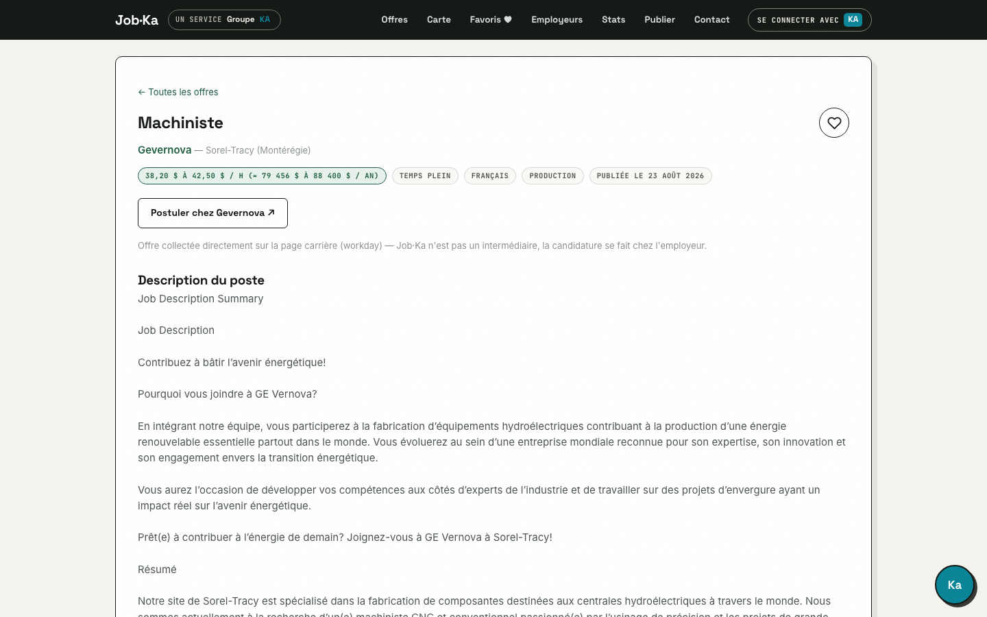 Étape 3 — fiche d'offre avec bouton Postuler chez l'employeur
